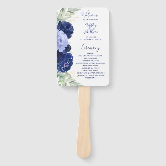 Navy Blue Floral Greenery Wedding Programme Handwaaier (Voorkant)