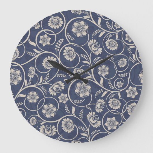 Navy Blue Floral Grote Klok (Voorkant)