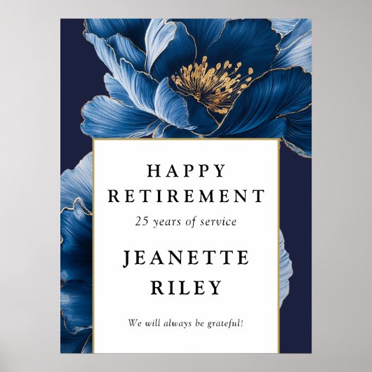 Navy Blue Floral Happy Retirement Welkomstbord Poster (Voorkant)