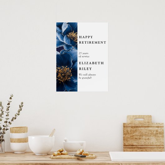Navy Blue Floral Happy Retirement Welkomstbord Poster (Keuken)
