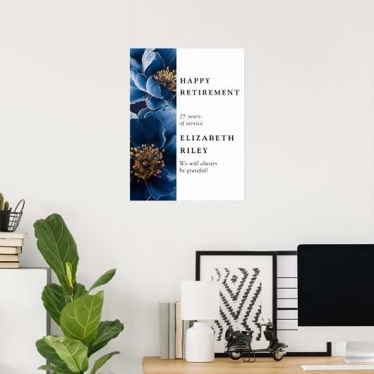 Navy Blue Floral Happy Retirement Welkomstbord Poster (Thuiskantoor)