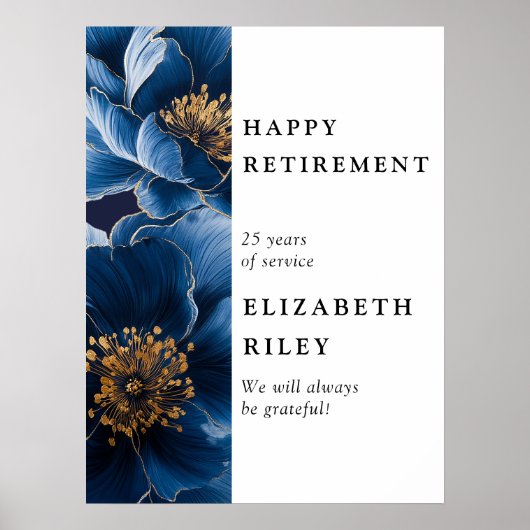 Navy Blue Floral Happy Retirement Welkomstbord Poster (Voorkant)