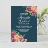 Navy Blue  Floral herfst Wedding Kaart (Staand voorkant)