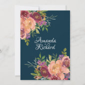 Navy Blue  Floral herfst Wedding Kaart (Achterkant)