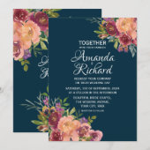 Navy Blue Floral herfst Wedding Kaart (Voorkant / Achterkant)
