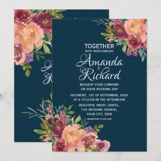 Navy Blue Floral herfst Wedding Kaart