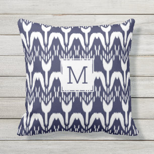 Navy Blue Floral Ikat Bohemian Monogram Buitenkussen