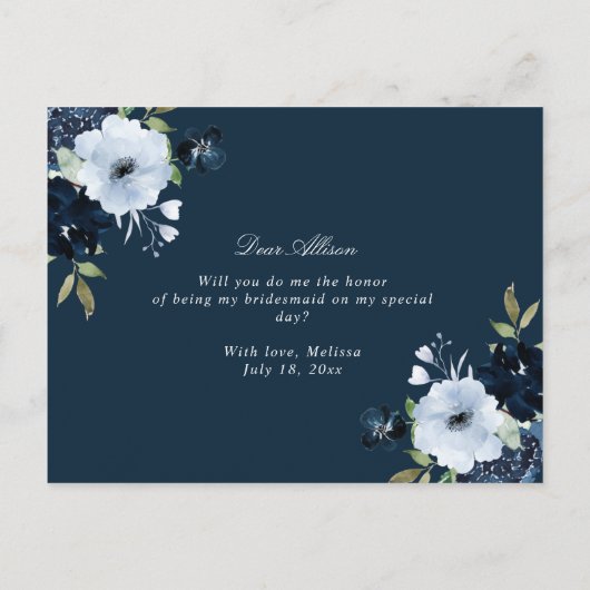 Navy Blue Floral, jij wordt mijn bruidsmeisje kaar Uitnodiging Briefkaart (Achterkant)