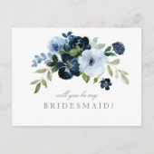 Navy Blue Floral, jij wordt mijn bruidsmeisje kaar Uitnodiging Briefkaart (Voorkant)