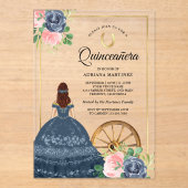 Navy Blue Floral Jurk Charro Gold Quinceanera Acryl Uitnodigingen (Voorkant)