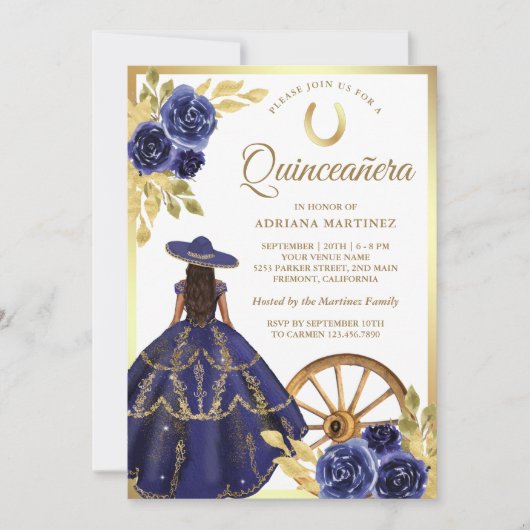 Navy Blue Floral Jurk Charro Gold Quinceanera Kaart (Voorkant)