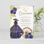 Navy Blue Floral Jurk Charro Gold Quinceanera Kaart (Staand voorkant)