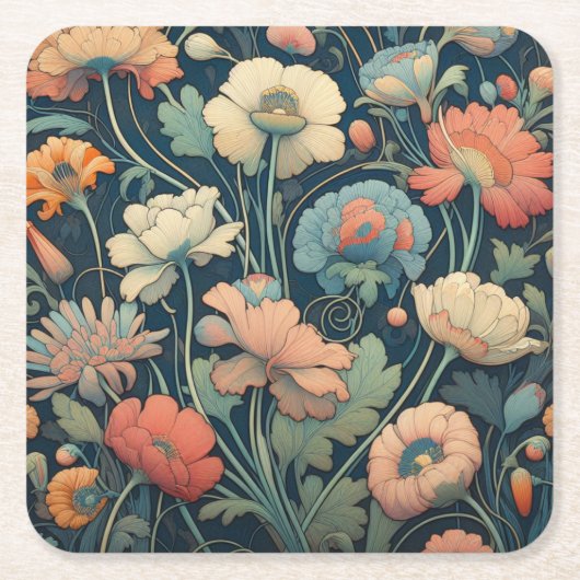 Navy blue floral kartonnen onderzetters (Voorkant)