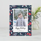 Navy Blue Floral-kerstfotokaarten Feestdagenkaart (Staand voorkant)