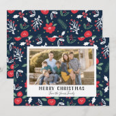Navy Blue Floral-kerstfotokaarten Feestdagenkaart (Voorkant / Achterkant)