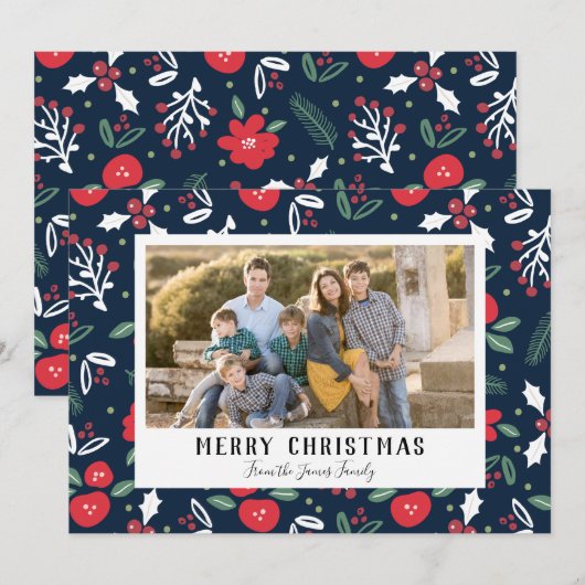 Navy Blue Floral-kerstfotokaarten Feestdagenkaart (Voorkant / Achterkant)