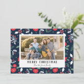 Navy Blue Floral-kerstfotokaarten Feestdagenkaart (Staand voorkant)