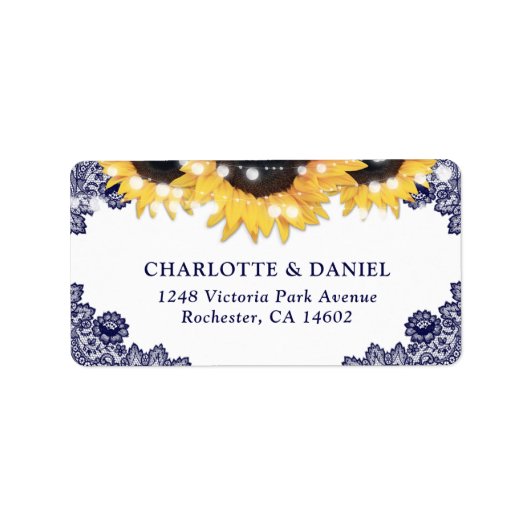 Navy Blue Floral Lace Sunflower Wedding Etiket (Voorkant)