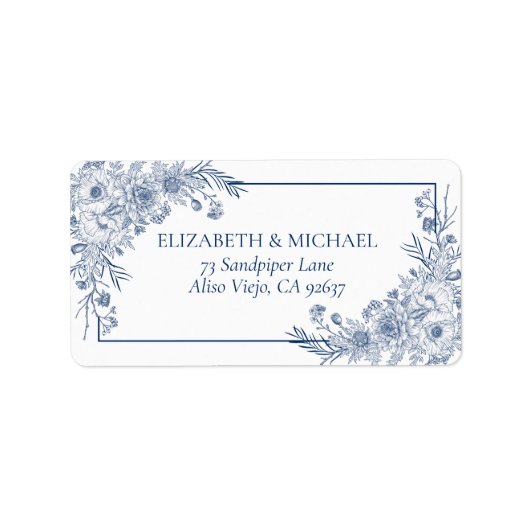  Navy Blue Floral Line Art-adres Etiket (Voorkant)