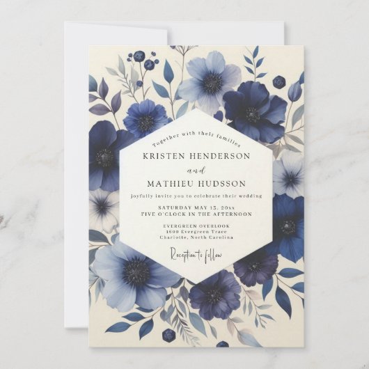 Navy Blue Floral Meadow Wedding Kaart (Voorkant)