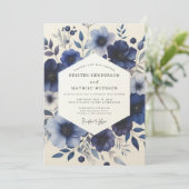 Navy Blue Floral Meadow Wedding Kaart (Staand voorkant)