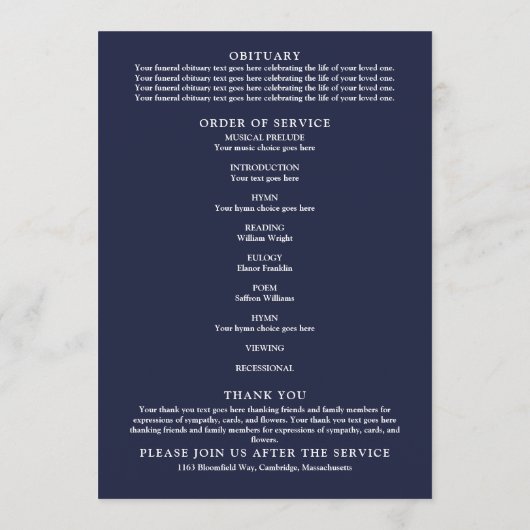 Navy Blue Floral Memorial Funeral Order of Service Programmakaart (Achterkant)