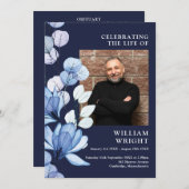 Navy Blue Floral Memorial Funeral Order of Service Programmakaart (Voorkant / Achterkant)