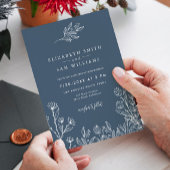 Navy Blue Floral Modern Simple Wedding Kaart