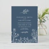 Navy Blue Floral Modern Simple Wedding Kaart (Staand voorkant)