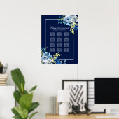 Navy Blue Floral Modern Wedding Seating Chart Poster (Thuiskantoor)