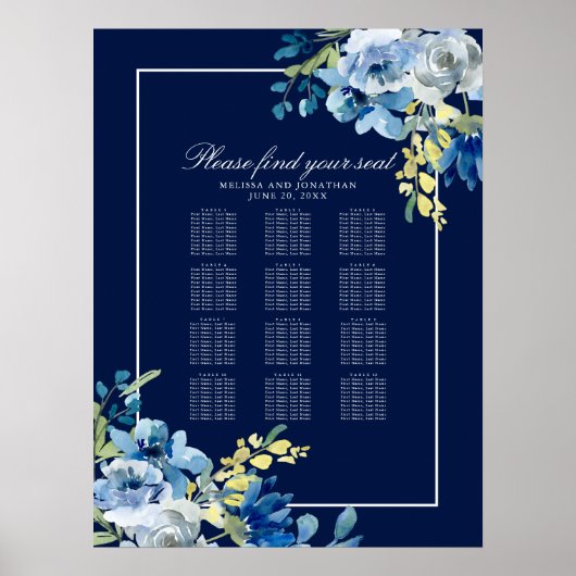 Navy Blue Floral Modern Wedding Seating Chart Poster (Voorkant)