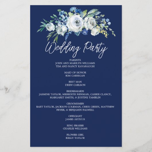 Navy Blue Floral Modern Winter Wedding Programme (Achterkant)