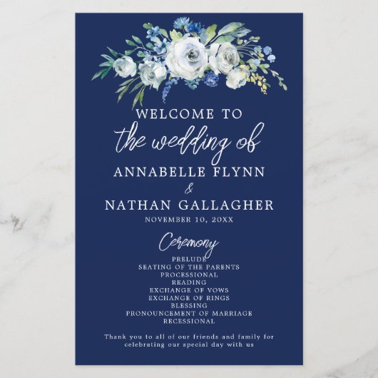 Navy Blue Floral Modern Winter Wedding Programme (Voorkant)