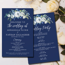 Navy Blue Floral Modern Winter Wedding Programme