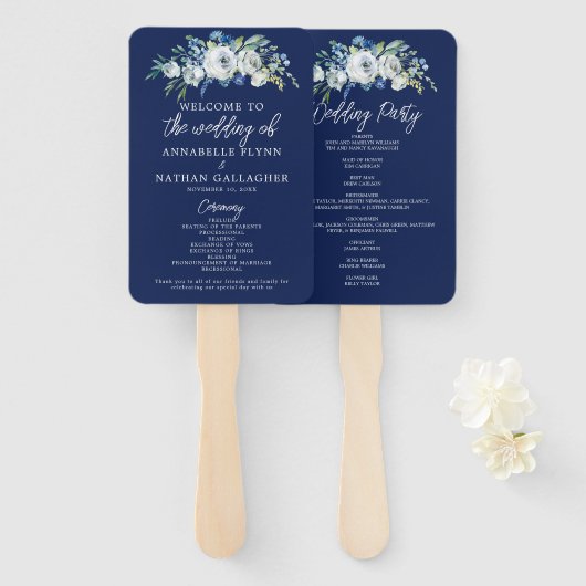 Navy Blue Floral Modern Winter Wedding Programme Handwaaier (Voorkant en achterkant)