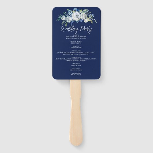 Navy Blue Floral Modern Winter Wedding Programme Handwaaier (Achterkant)