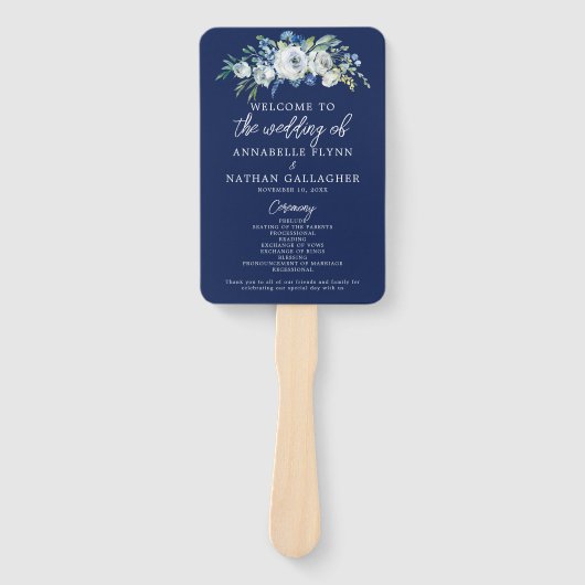 Navy Blue Floral Modern Winter Wedding Programme Handwaaier (Voorkant)