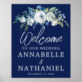 Navy Blue Floral Modern Winter Wedding Welkom Poster (Voorkant)