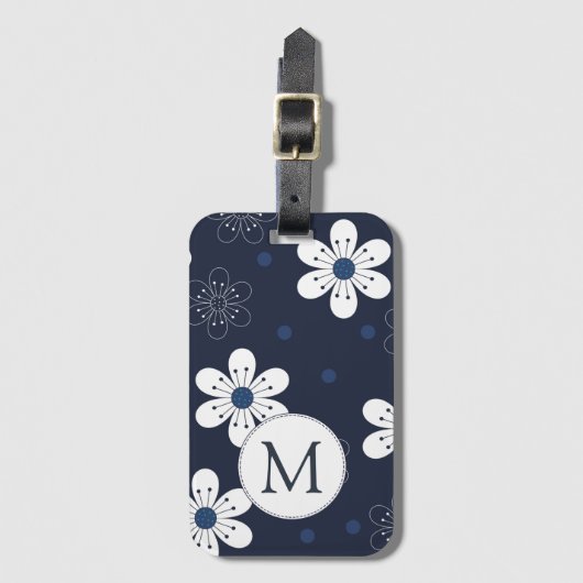 Navy Blue  Floral Monogram Bagagelabel (Voorkant (verticaal))