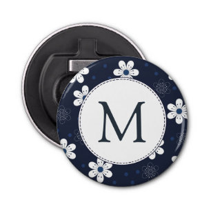 Navy Blue  Floral Monogram Button Flesopener