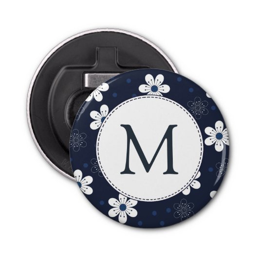 Navy Blue  Floral Monogram Button Flesopener (Voorkant)