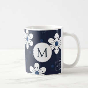 Navy Blue  Floral Monogram Koffiemok