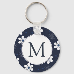 Navy Blue  Floral Monogram Sleutelhanger