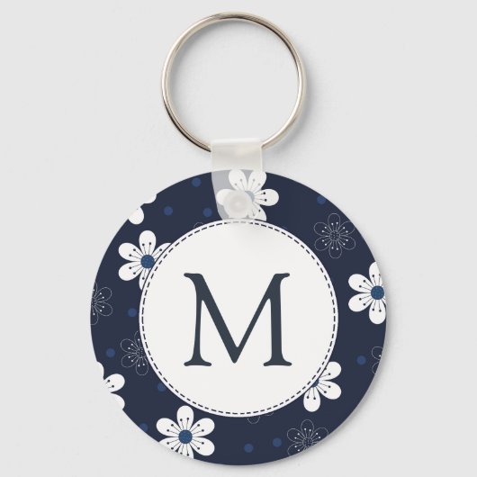 Navy Blue Floral Monogram Sleutelhanger (Voorkant)