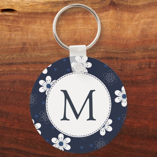 Navy Blue Floral Monogram Sleutelhanger (Achterkant)