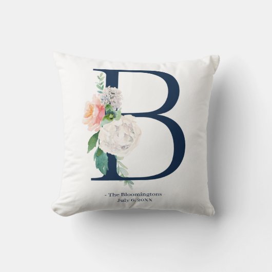 Navy Blue Floral Monogram Wedding Pillow | B Kussen (Voorkant)