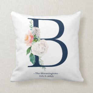 Navy Blue Floral Monogram Wedding Pillow   B Kussen