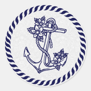 Navy Blue Floral Nautical Anchor & Wreate Ronde Sticker