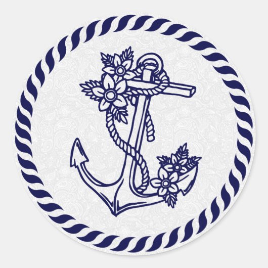 Navy Blue Floral Nautical Anchor & Wreate Ronde Sticker (Voorkant)