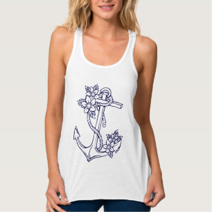 Navy Blue Floral Nautical Boat Anchor Tanktop